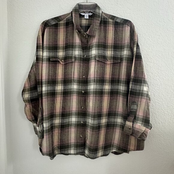 Old Navy Boyfriend Flannel Shirt Womens 2X Pink Green Button Up Cabincore Camp - Picture 1 of 9